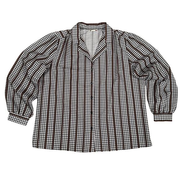 Vintage 70s Rhapsody Houndstooth Blouse Sz 40 Made in USA Brown Retro Disco Top - Picture 1 of 8